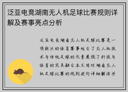 泛亚电竞湖南无人机足球比赛规则详解及赛事亮点分析